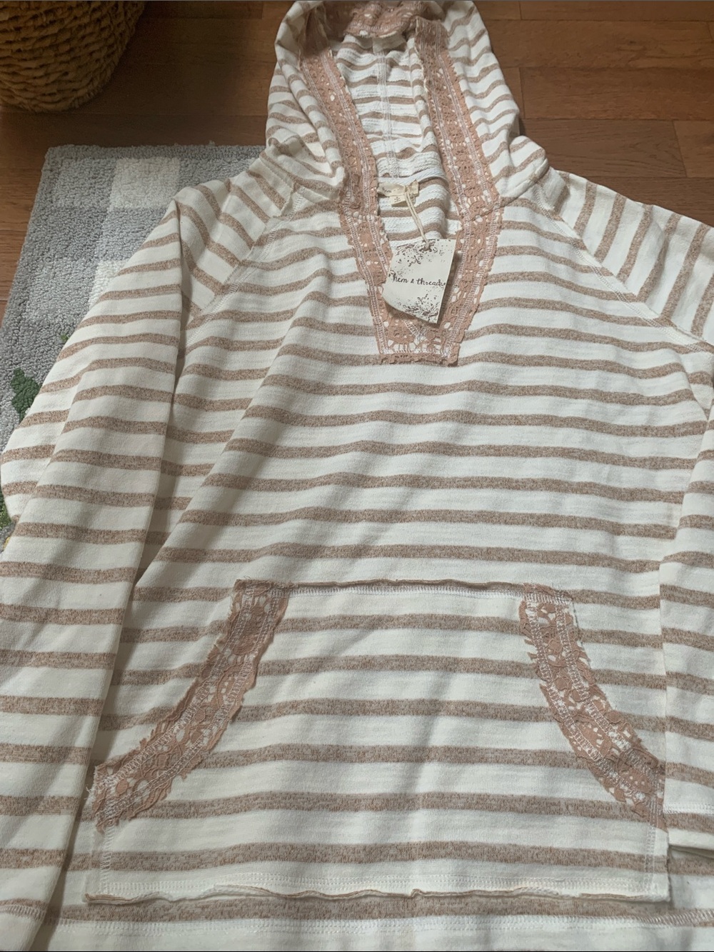Hem & Thread Cream and Tan Striped Lace-Trim Pullover Hoodie - Picture 3 of 3